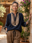 Women's Classic Cotton-Linen V-Neck Color-Block Long-Sleeve Top ZMZ0590H2SWL