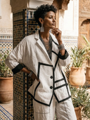 Women's Retro-style Cotton And Linen Color-blocked Two-button Long-sleeved Jacket（Three-quarter sleeves）ZMZ0326H9SWL