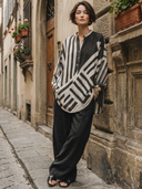 Women's Vintage Casual Striped Cotton-Linen Henley Lantern Sleeves Shirt And Wide-Leg Pants Set ZMZ2900G4ZYY