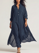 Women's Chiffon Striped Print Stand-Collar Long-Sleeve Maxi Dress ZMZ0226E4XT