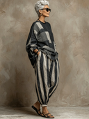 Women's Casual Color-Block Printed Crewneck Loose-Fit Long-Sleeve Top And Pants Set ZMZ1327D7XT
