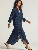 Women's Chiffon Striped Print Stand-Collar Long-Sleeve Maxi Dress ZMZ0226E4XT