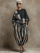 Women's Casual Color-Block Printed Crewneck Loose-Fit Long-Sleeve Top And Pants Set ZMZ1327D7XT