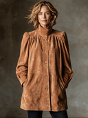 Women's Retro Casual Camel Suede Puff Sleeve Stand Collar Jacket ZMZ0318I1XT