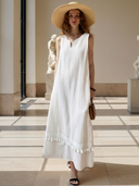 Women's High-end Old-money Style Cotton And Linen Woven Ribbon Tassel Sleeveless Maxi Dress ZMZ2761B7K
