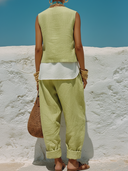 Women's Casual Vacation Style Linen-Cotton Sleeveless Top & Wide-Leg Pants Set ZMZ1554E3YZH