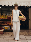 Women's Italian-style Romantic Vacation Embroidered Linen Blend T-Shirt And Pants Set ZMZ3096A0K