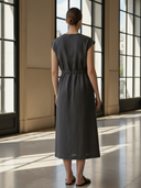 Women's Commuter Style Cotton And Linen Blend Waist-cinching Midi Dress ZMZ2758A3K