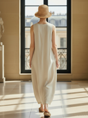 Women's French-style Elegant Cotton And Linen Blend V-neck Maxi Dress ZMZ2944A6K