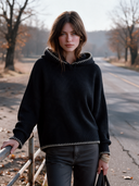 Women's Classic Casual Black Waffle Knit Hooded Pullover Sweater With Contrast Blanket Stitch Trim ZMZ1466J0ZYY