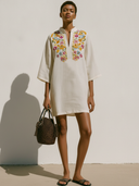 Women's Casual Vintage Cotton-Linen Embroidered With Mandarin Collar  Short-Sleeve Loose Mini Dress ZMZ1568F1ZYY