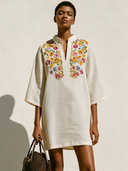 Women's Casual Vintage Cotton-Linen Embroidered With Mandarin Collar  Short-Sleeve Loose Mini Dress ZMZ1568F1ZYY