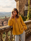 Women's Premium Minimalist Embroidered Details And Loose Lantern Sleeves Cotton-Linen V-Neck Shirt ZMZ2447G8ZYY
