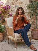 Women Autumn Thick Premium Cotton Linen Oversized Tunic Top Stand Collar Half Zip Long Sleeve Side Split Pocket Loose Fall Casual Blouse ZMZ2133G3YZH