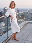 Women Boat Neck Knit Midi Dress 3/4 Flare Sleeve Black Contrast Trim Loose Beach Cover Up Dress ZMZ3190G6YZH