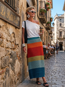 Women's Casual Resort-Style Set: Slub Cotton Short-Sleeve T-Shirt And Knitted Colorful Striped Skirt ZMZ2370E9ZYY