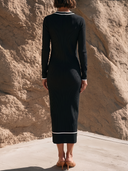 Women Ribbed Knit Midi Dress Contrast Piping V Neck Long Sleeve Elegant Causal Office Dress ZMZ3177G4YZH