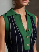 Women's French Elegant Casual Style Sleeveless Ribbed Knit Polo Midi Dress With Color-Block & Stripes ZMZ0615E3YZH