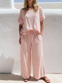 Women Ribbed Knit Striped 2 Piece Outfit Off Shoulder Short Sleeve Top Drawstring Wide Leg Pants Casual Loungewear Matching Set ZMZ0323G0YZH