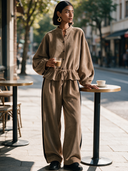 Women's Classic Retro Casual Faux Suede Set: Stand-Collar Lantern-Sleeve Single-Breasted Top And Elastic-Waist Wide-Leg Pants ZMZ1972H6ZYY