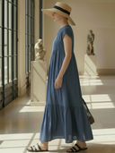 Women's High-end Minimalist Cotton-linen Blend Round Neck Short-sleeved Maxi Dress ZMZ1450B6K