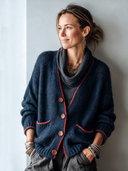 Women's Classic Navy V-Neck Button-Front Knit Cardigan With Red Contrast Trim ZMZ3058I8SWL
