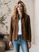 Women's Vintage Western-Style Stand Collar And Cut-Out Embroidery At The Hem Faux Suede Jacket ZMZ2877H0ZYY