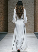Women’s Vintage-inspired Casual Long-sleeve Maxi Dress With A V-neck And Contrasting Trim ZMZ1527J2ZJY