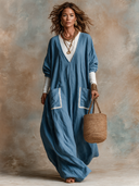 Women's French-style Relaxed-fit Blue V-neck Cotton-linen Maxi Dress ZMZ3183H6XT