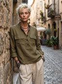 Women's Vintage-Style Casual Cotton-Linen Stand Collar And Multiple Pockets Long-Sleeve Shirt ZMZ2939G3ZYY