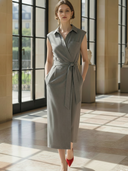 Women's High-End French Style Cotton Linen Sleeveless Slim Fit Midi Dress ZMZ1449B4K