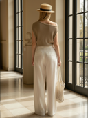 Women's Premium Old Money Style Knitted T-shirt And Cotton-linen Blend Trousers Set ZMZ0438B2K