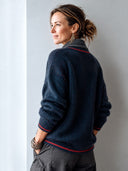 Women's Classic Navy V-Neck Button-Front Knit Cardigan With Red Contrast Trim ZMZ3058I8SWL