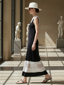 Women's High-end Old-money Style Knitted Black And White Color-blocked Sleeveless Maxi Dress ZMZ2891B6K