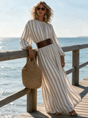 Women's Resort Striped Print Wide Waist Belt Maxi Dress ZMZ2024I1XT