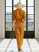 Women's Old-money Style Orange Cotton-linen Long-sleeved Shirt And Straight-leg Pants Set (with Belt) ZMZ2895B2U