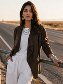 Women's Vintage-Style Elegant Casual Faux Suede Jacket With Cut-Out Embroidery On Cuffs ZMZ2625H5ZYY