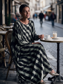 Women’s American-style Vintage Crew-neck Long-sleeve Loose-fit Maxi Dress In A Textured, Printed Fabric ZMZ3047J2ZYY