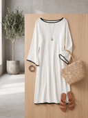 Women Boat Neck Knit Midi Dress 3/4 Flare Sleeve Black Contrast Trim Loose Beach Cover Up Dress ZMZ3190G6YZH
