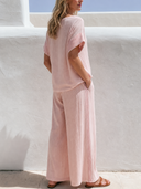 Women Ribbed Knit Striped 2 Piece Outfit Off Shoulder Short Sleeve Top Drawstring Wide Leg Pants Casual Loungewear Matching Set ZMZ0323G0YZH