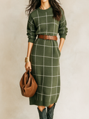 Women's Retro Casual Knitted Plaid Round Neck Pullover Long Sleeve Midi Dress ZMZ2321J1ZJY