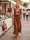 Women's V-Neck Long Sleeve Smocked Waist Maxi Dress ZMZ0846I3YZH