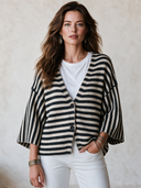Women's Classic Retro Casual Black & White Striped V-Neck Single-Breasted Knit Cardigan ZMZ2628H5ZYY