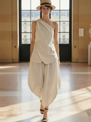 Women's High-end Old-money Style Cotton And Linen Vest And Harem Pants Set ZMZ2672B9K