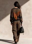 Women's Retro Casual Faux Suede Zebra Print V-Neck Pullover Sweatshirt And Pants Set ZMZ1172I4ZJY
