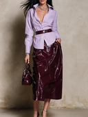 Women's Retro Casual Striped Print Long-Sleeve Shirt And Glossy PU Skirt Set ZMZ0722I4ZJY