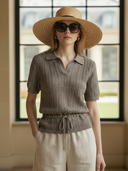 Women's Premium Old Money Style Knitted Short-sleeved Polo Shirt And Cotton-linen Blend Shorts Set ZMZ0684B1K