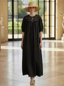 Women's High-end Old-money Style Hollowed-out Knit Patchwork Cotton And Linen Short-sleeved Maxi Dress ZMZ2795B3K