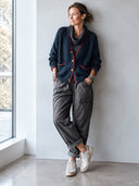 Women's Classic Navy V-Neck Button-Front Knit Cardigan With Red Contrast Trim ZMZ3058I8SWL