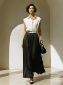 Women's Old-money Style Cotton Sleeveless Shirt And Satin Skirt Set (with Belt) ZMZ2628B0U